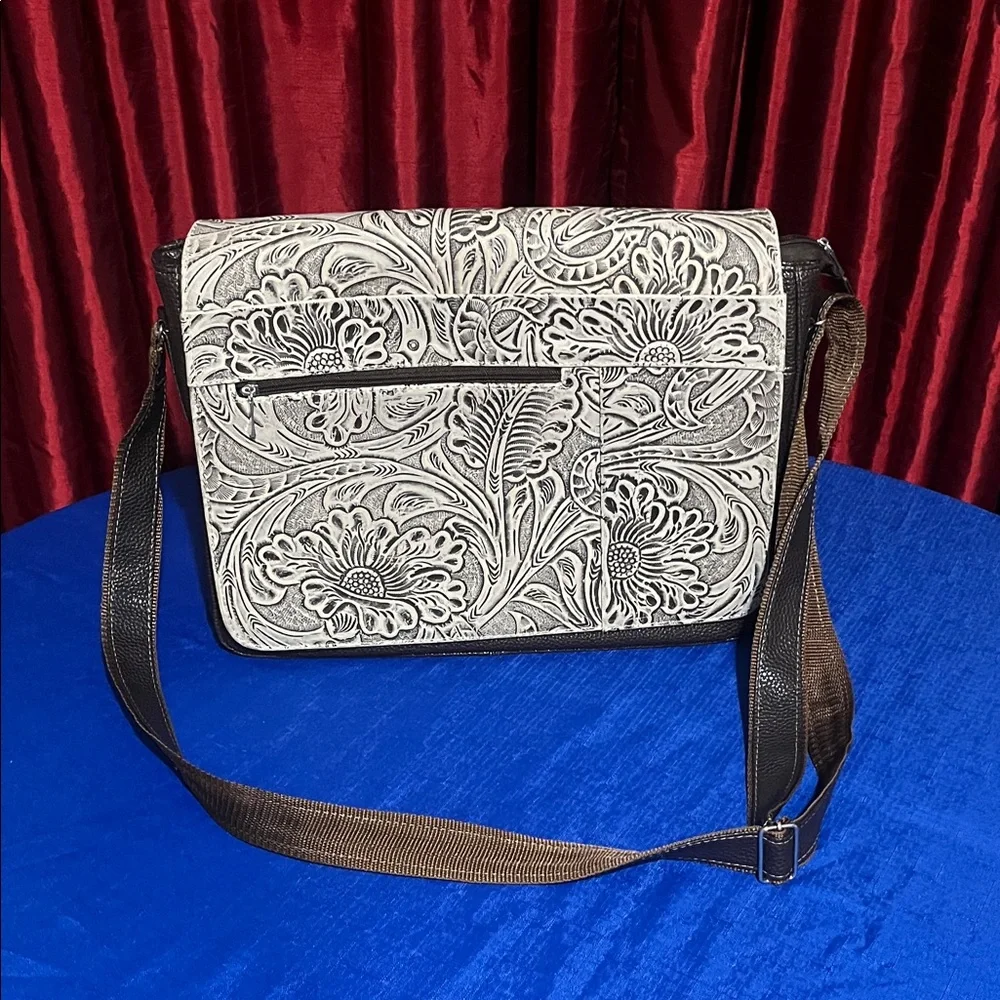 Mexican Floral Embossed Leather Messenger Bag – Artisan Handmade Crossbody